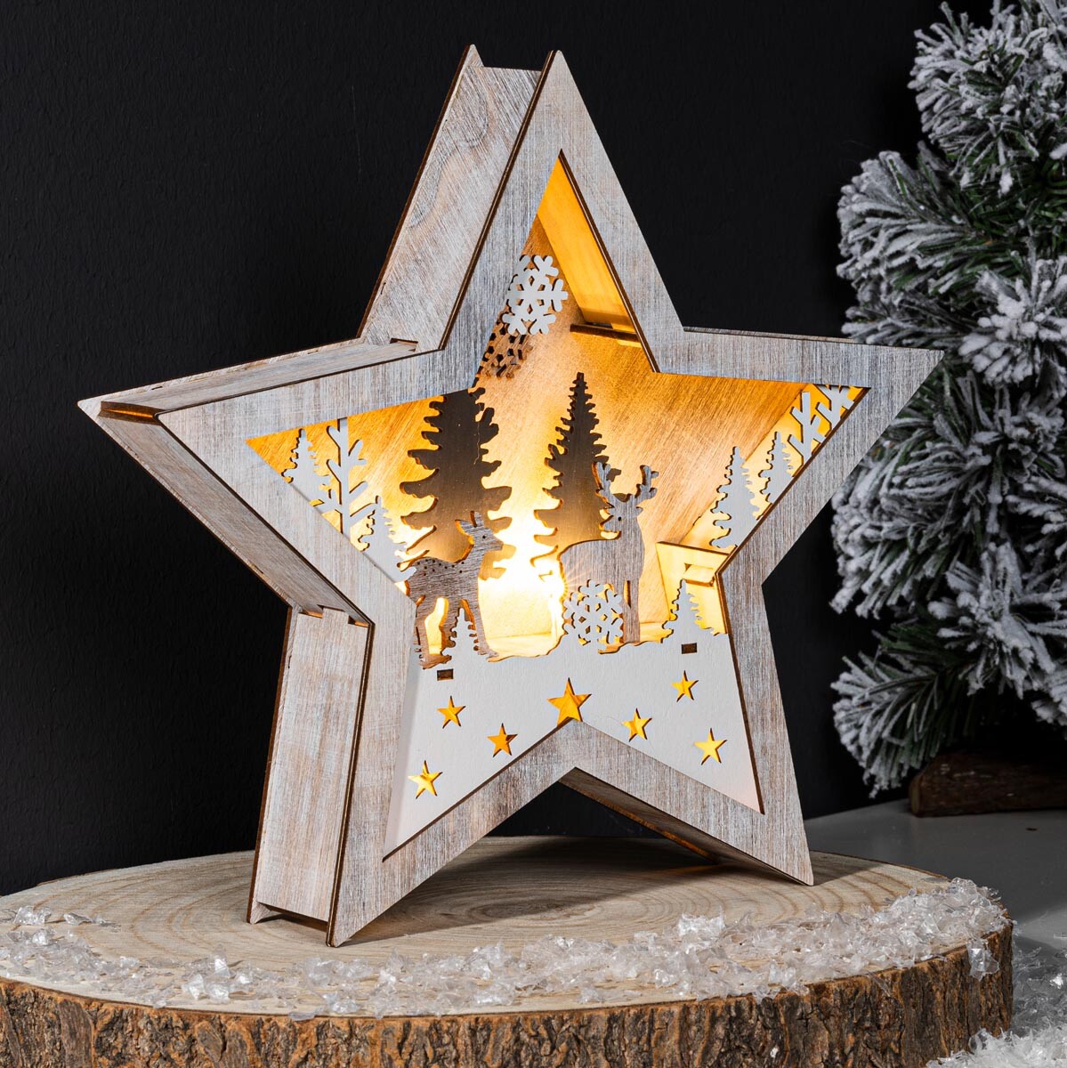 LED Dřevěná hvězda Zimní les