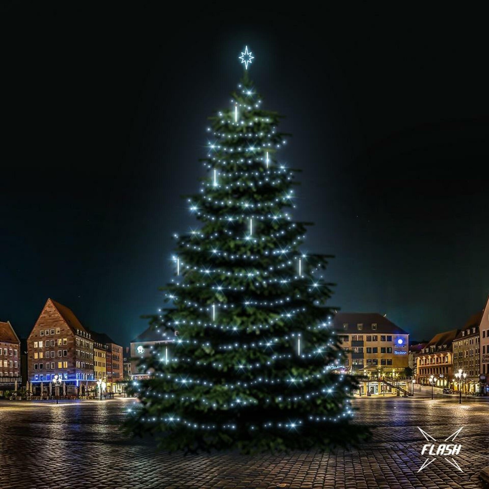 DecoLED LED světelná sada na stromy vysoké 21-23m, ledová bílá s Flash, s padajícím sněhem