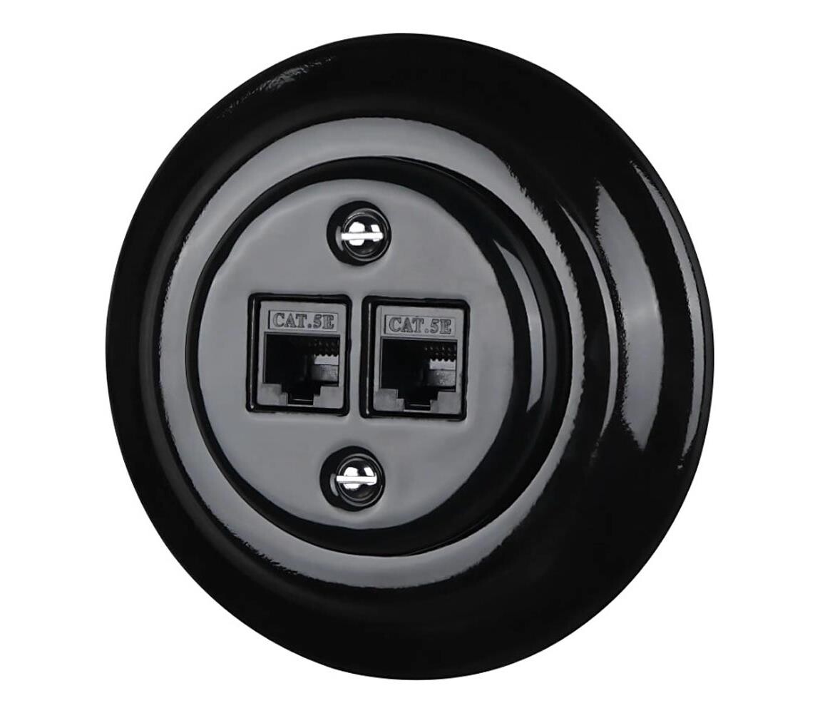 Bohemia-Design - Porcelánová retro ethernetová zásuvka s rámečkem 2xCAT.5E černá 12359387