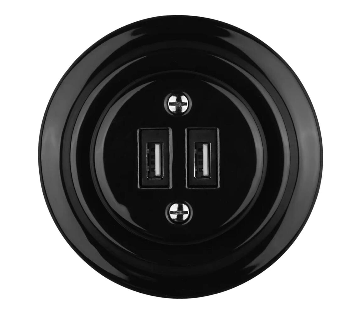 Bohemia-Design - Porcelánová retro USB napájecí zásuvka s rámečkem 2xUSB-A černá 12359390