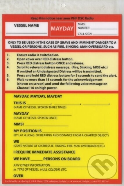VHF DSC Mayday Procedure Card - Robert Dearn