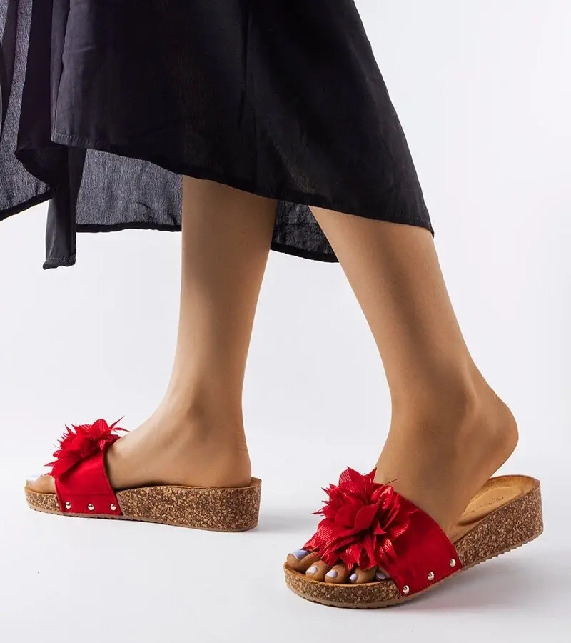 Gemre Red flip-flops with a flower on a cork sole Anjali