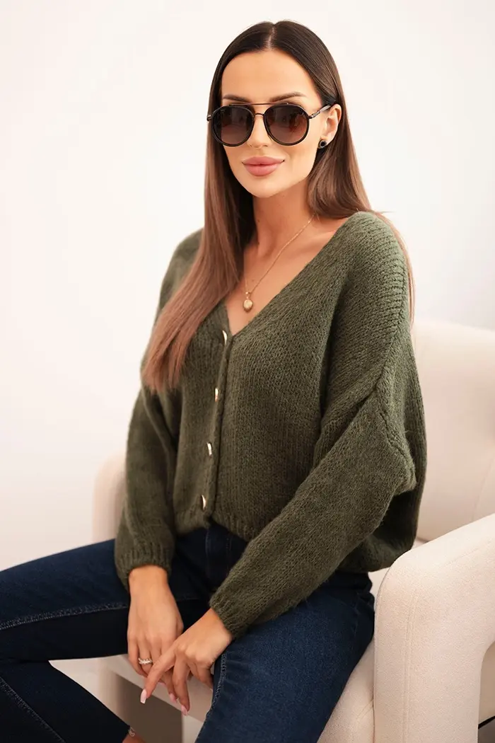 Kesi Włoski Dámský svetr s V výstřihem a knoflíky khaki