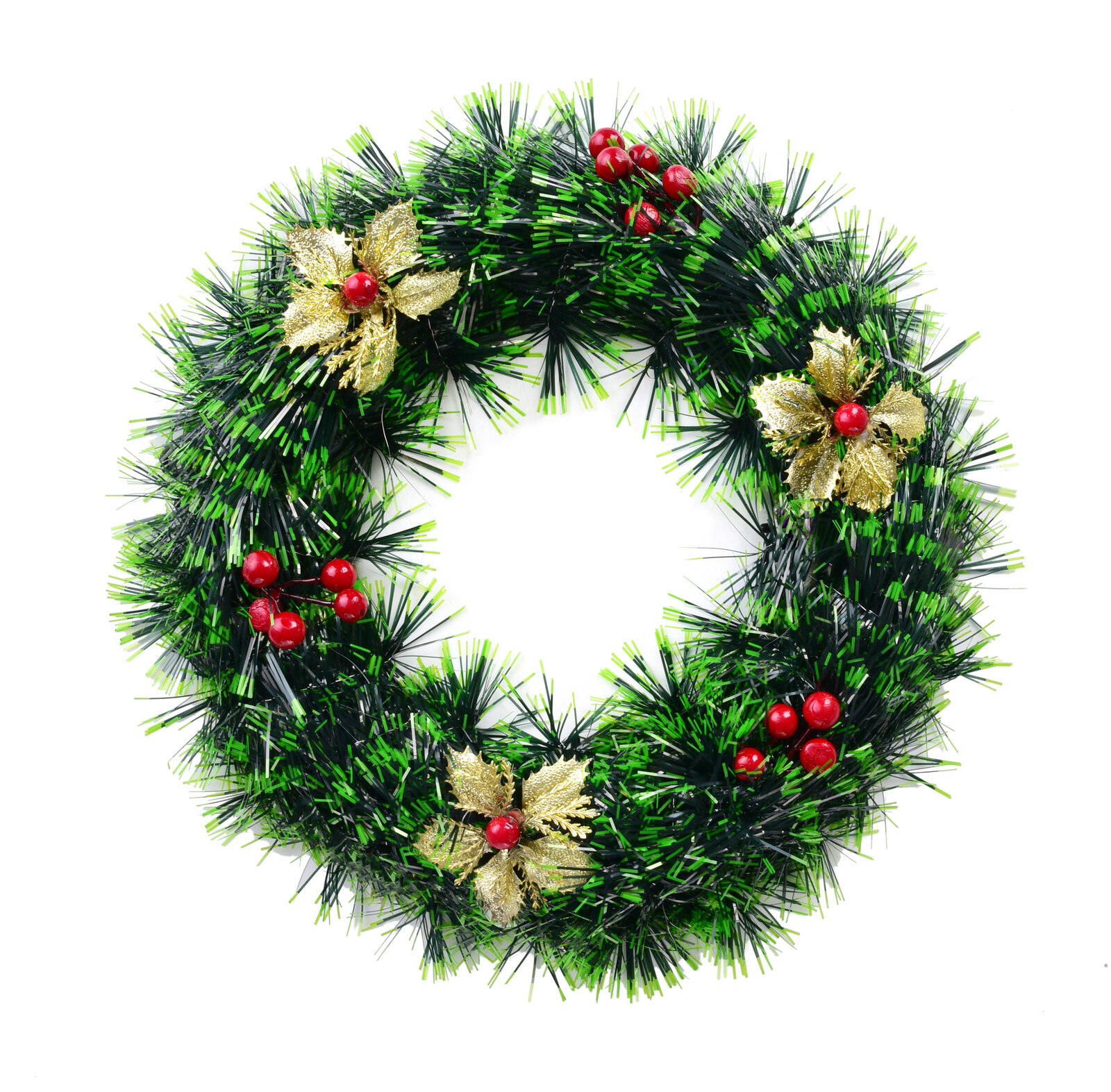 VÁNOČNÍ VĚNEC | zelený se zlatými květy & červenými bobulemi | dekorace na stůl & dveře | Ø 30 cm