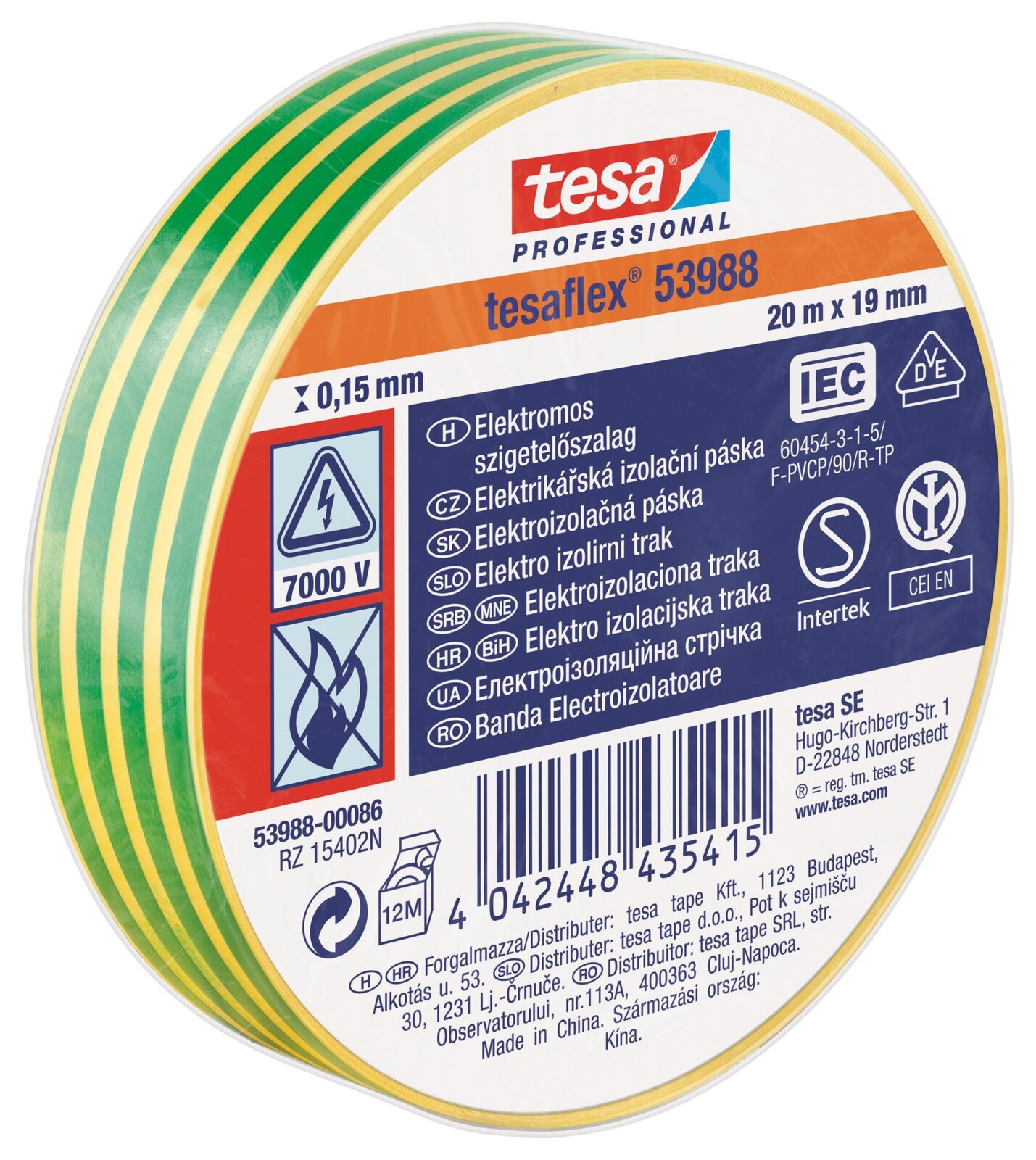 Elektroizolační PVC páska Tesa - zelená/žlutá, 19 mm x 20 m