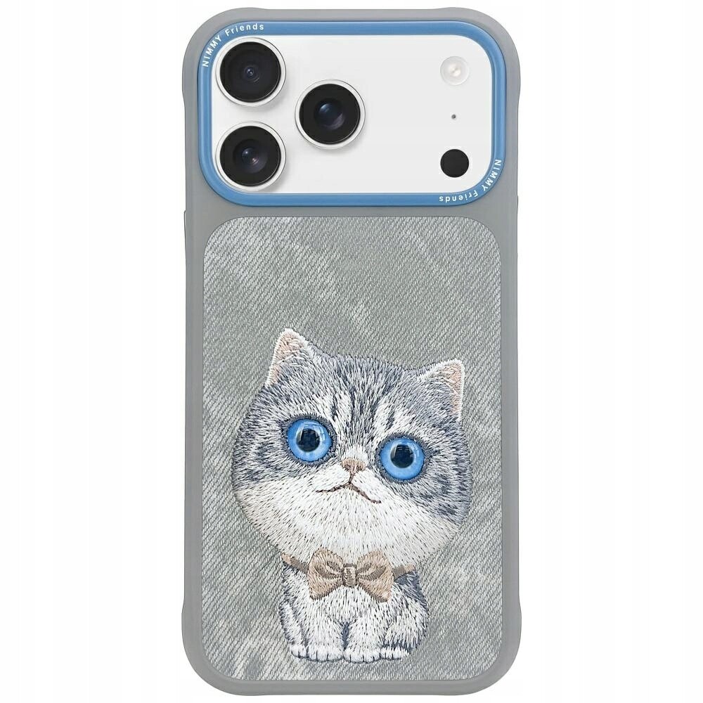 Pouzdro Nimmy Big Eyed Pet 2.0 s kočkou pro iPhone 17 Pro Max, šedé