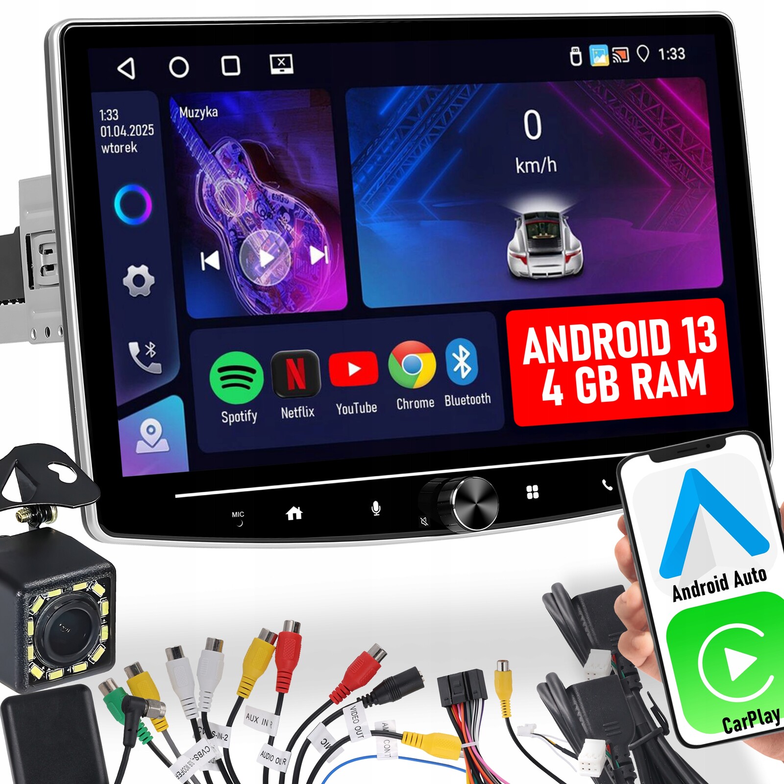 Autorádio 1 Din 10'' Carplay Android Wifi Gps Dotykové Fm 4GB/64GB