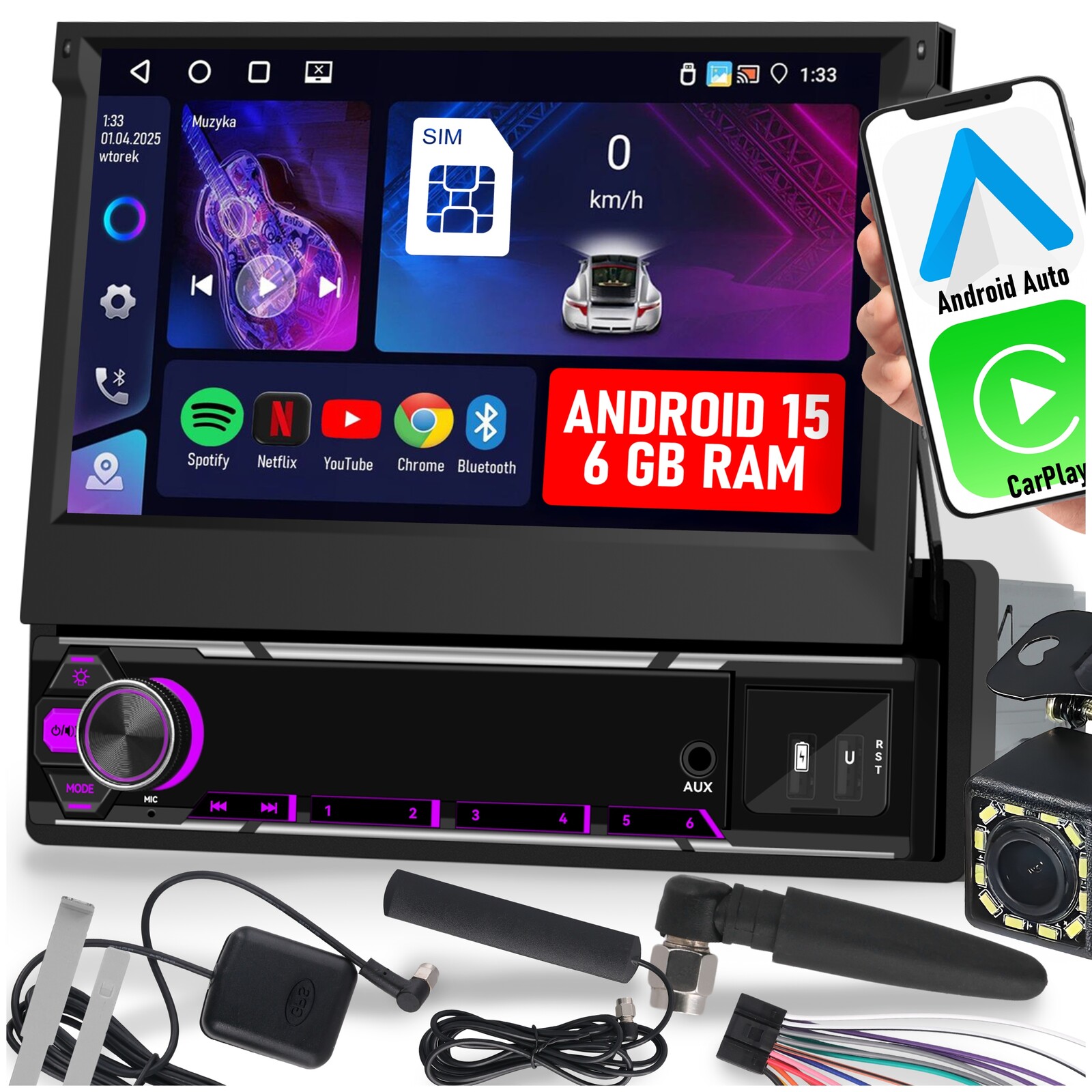 Autorádio 1 Din 7'' 4G Sim Carplay Wifi Rds Výsuvný Displej 6/128 Gb