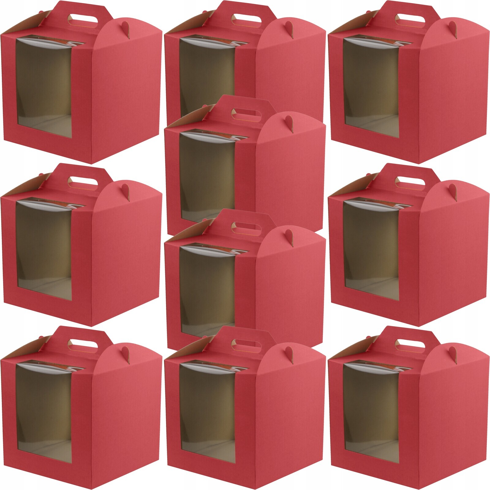 10 x Krabice na dort s rukojetí 26x26x25 cm s oknem Červená 400 g/m2