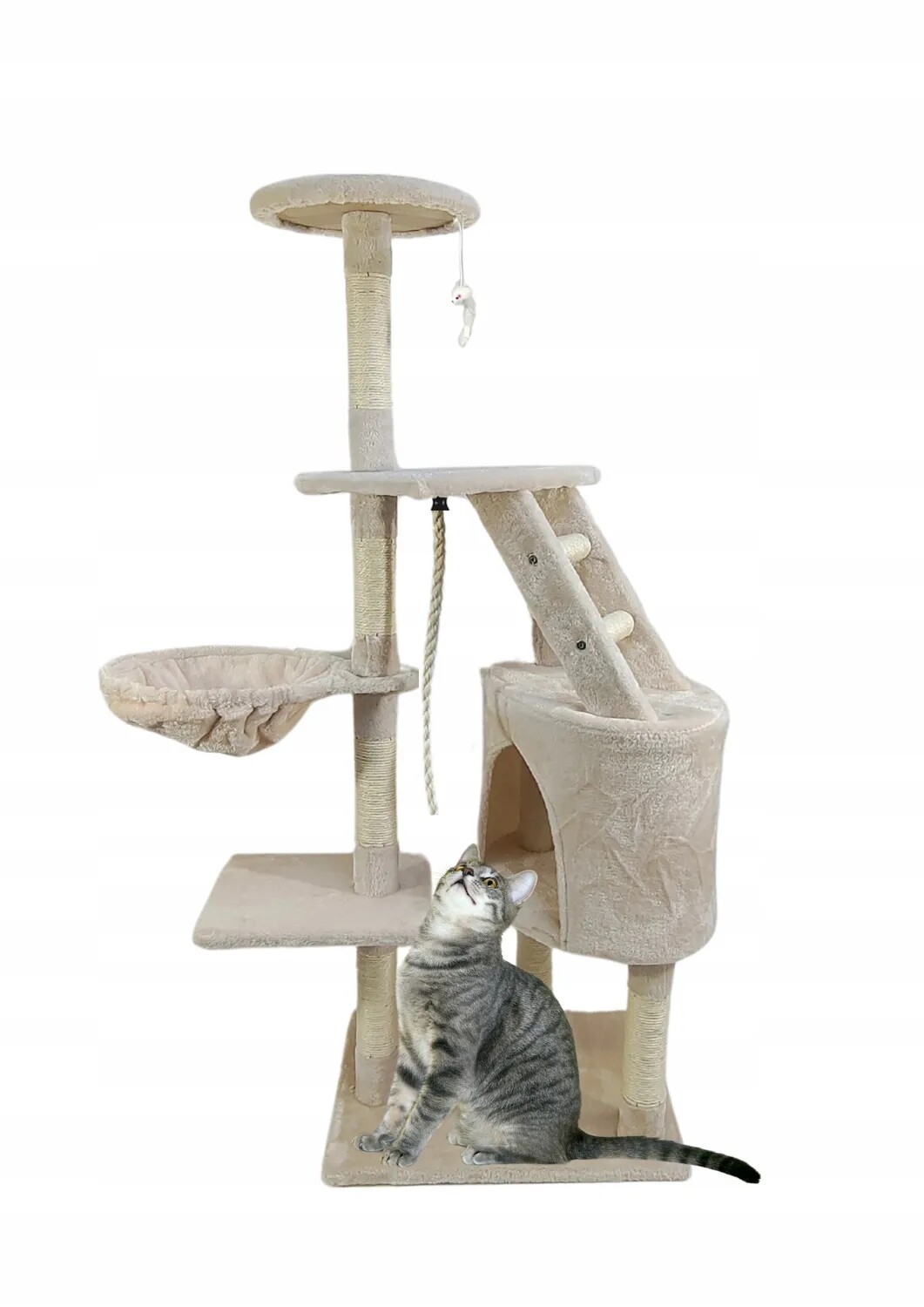 Škrabadlo Pro Kočky Velké 6 Úrovní Vysoké Pelíšek Sloupek Domeček Béžový 125 cm