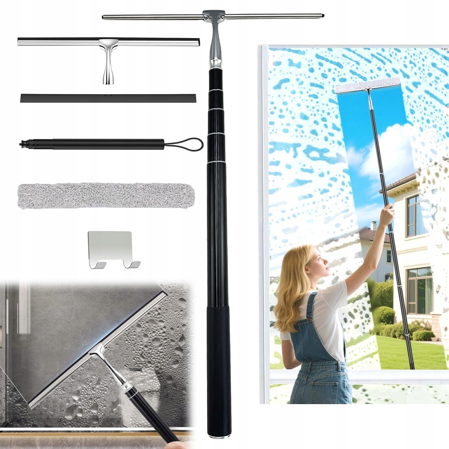 Stěrka na vodu s hákem pro skladování oken v autě i v domácnosti