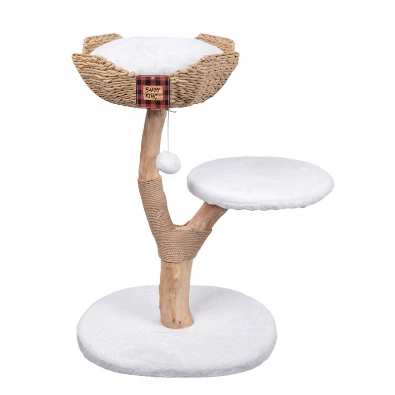 Škrabadlo pro kočky béžovo-bílé 89 cm dřevěná noha koš sedátko
