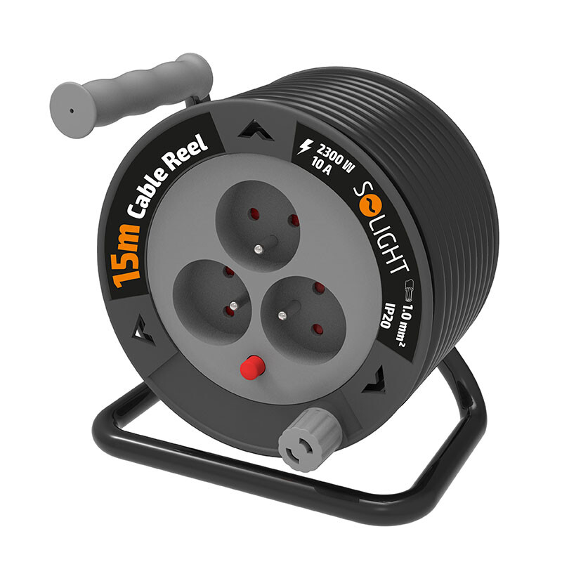 Solight prodlužovací přívod na bubnu 15m, 3 zásuvky, černý kabel, 3x 1,0mm2