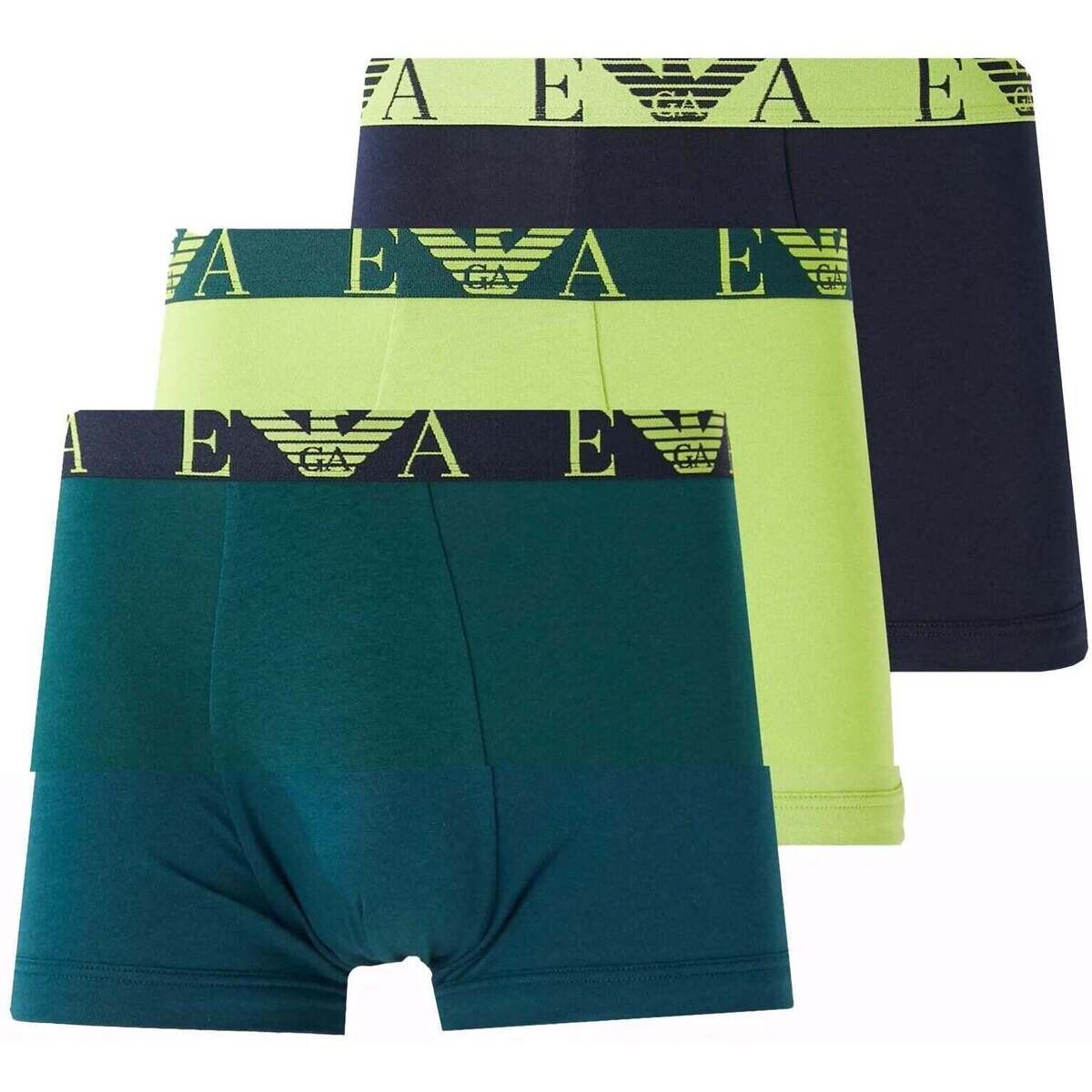 Emporio Armani  Stretch Cotton Logo 3 Pack Trunks Blue/Pine/Lime  Zelená