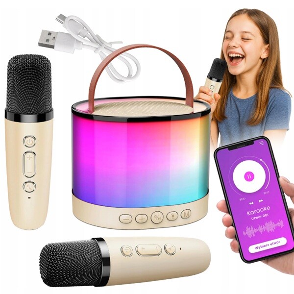 Bezdrátový karaoke reproduktor se dvěma mikrofony – Bluetooth 5.2, Hi-Fi 3D basy, zvukové efekty