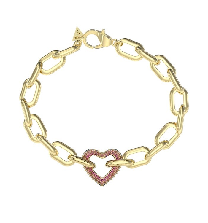 Guess Výrazný pozlacený náramek Srdce Beloved JUBB05005JWYGPK 18,5 cm