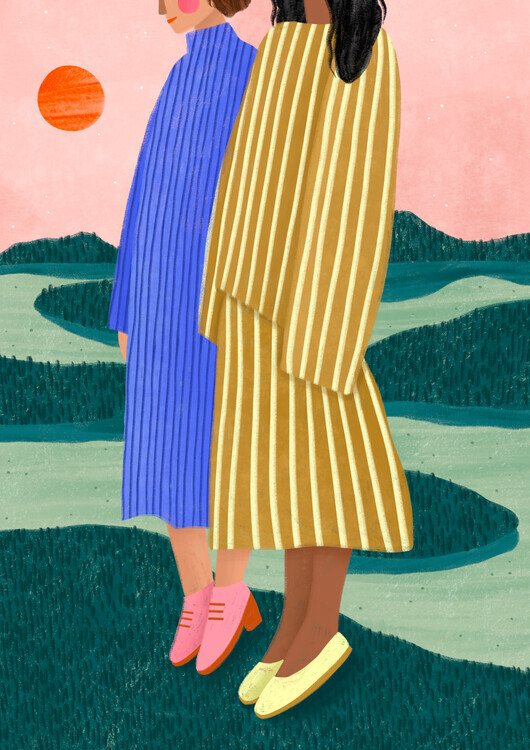 Bea Muller Ilustrace Friends With Striped Dresses, Bea Muller, 30 × 40 cm