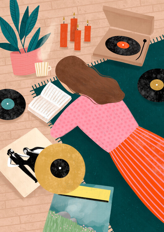 Bea Muller Ilustrace Record Playing, Bea Muller, 30 × 40 cm