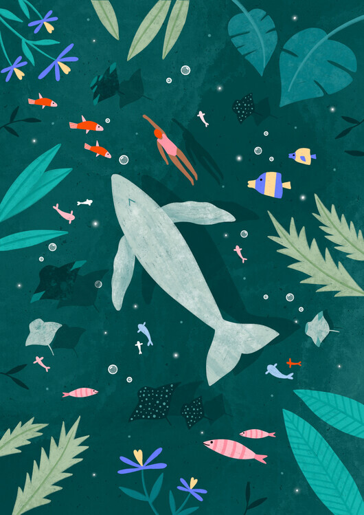 Bea Muller Ilustrace Swimming with a Whale, Bea Muller, 30 × 40 cm