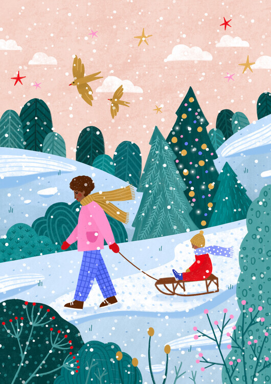 Bea Muller Ilustrace Snowy Sledge Walk, Bea Muller, 30 × 40 cm