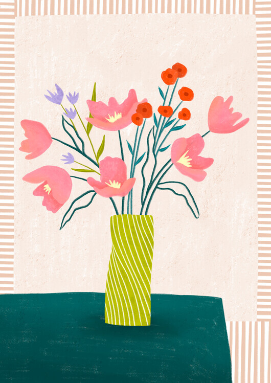 Bea Muller Ilustrace Colorful Blossoms in Stripes, Bea Muller, 30 × 40 cm
