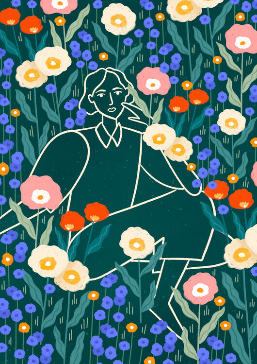 Bea Muller Ilustrace Line Lady With Florals, Bea Muller, 30 × 40 cm