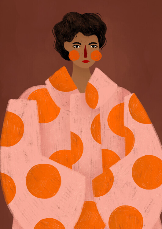 Bea Muller Ilustrace Woman With Orange Dots, Bea Muller, 30 × 40 cm