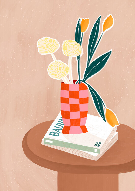 Bea Muller Ilustrace Flower With a Checkered Red Vase, Bea Muller, 30 × 40 cm