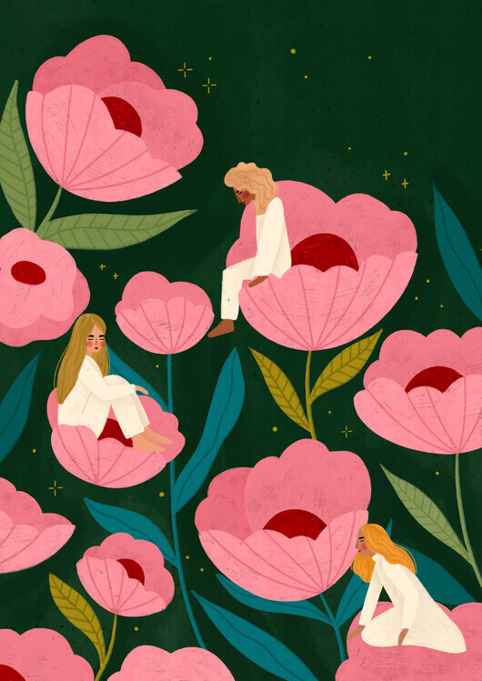 Bea Muller Ilustrace Three Women Sitting on Large Pink Flowers, Bea Muller, 30 × 40 cm