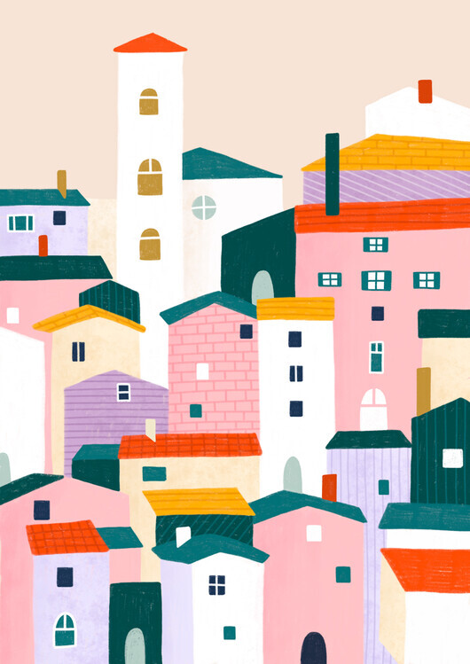 Bea Muller Ilustrace Colorful Village Scene, Bea Muller, 30 × 40 cm