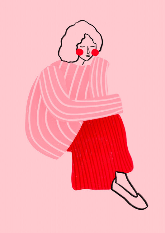 Bea Muller Ilustrace Pink and Red Line Lady, Bea Muller, 30 × 40 cm