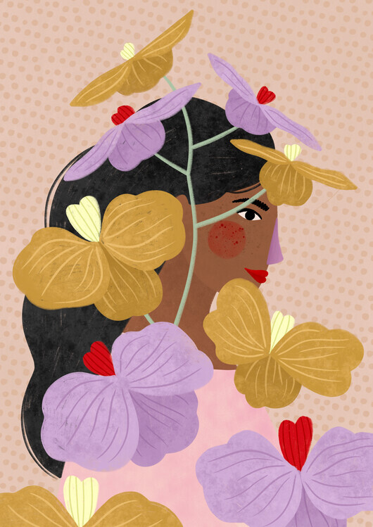 Bea Muller Ilustrace Hidden Behind Yellow Purple Flowers, Bea Muller, 30 × 40 cm