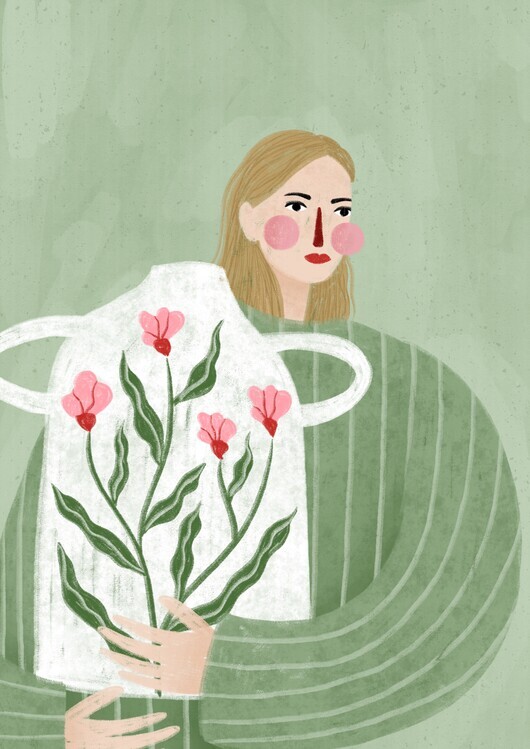 Bea Muller Ilustrace The Woman With Pink Vase, Bea Muller, 30 × 40 cm