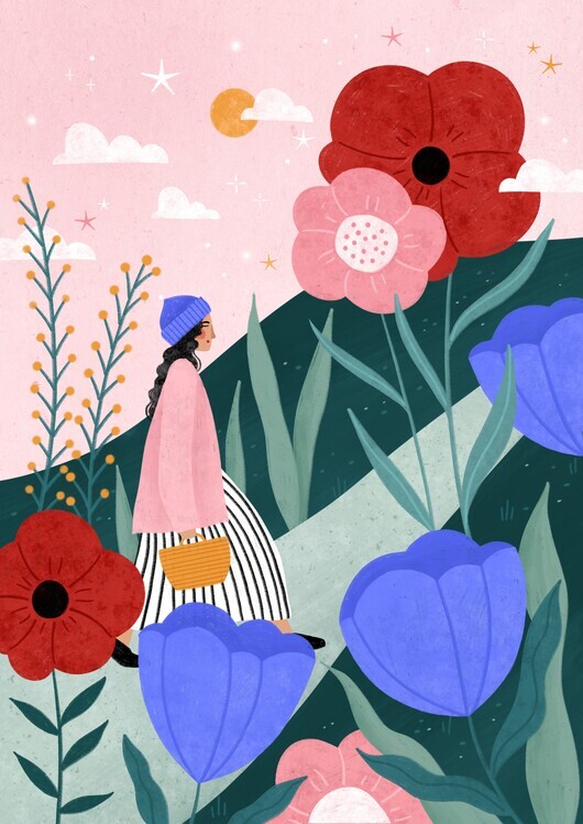 Bea Muller Ilustrace Woman Walking in Flower Garden, Bea Muller, 30 × 40 cm