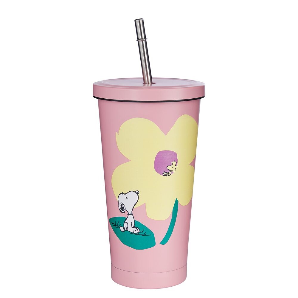 PEANUTS Kelímek nerezový s brčkem 500 ml - růžová