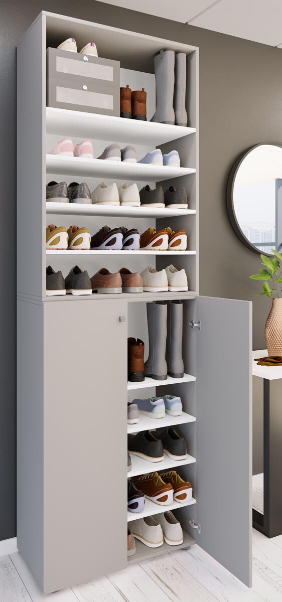 Botník Lona 2XL s 10 přihrádkami, otočné dveře + police, šedá