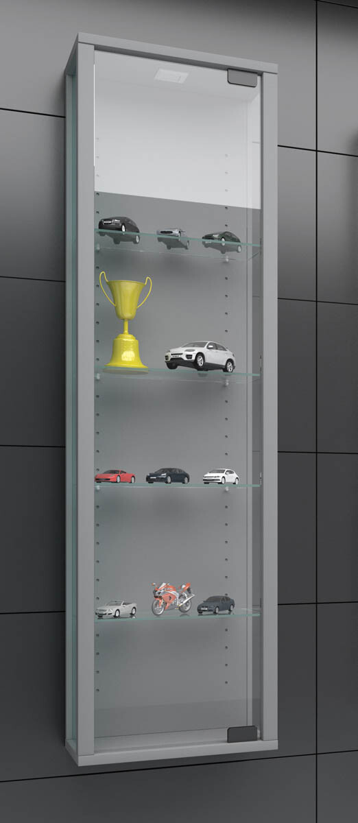 Nástěnná vitrína Stano Mini s LED osvětlením, stříbrná