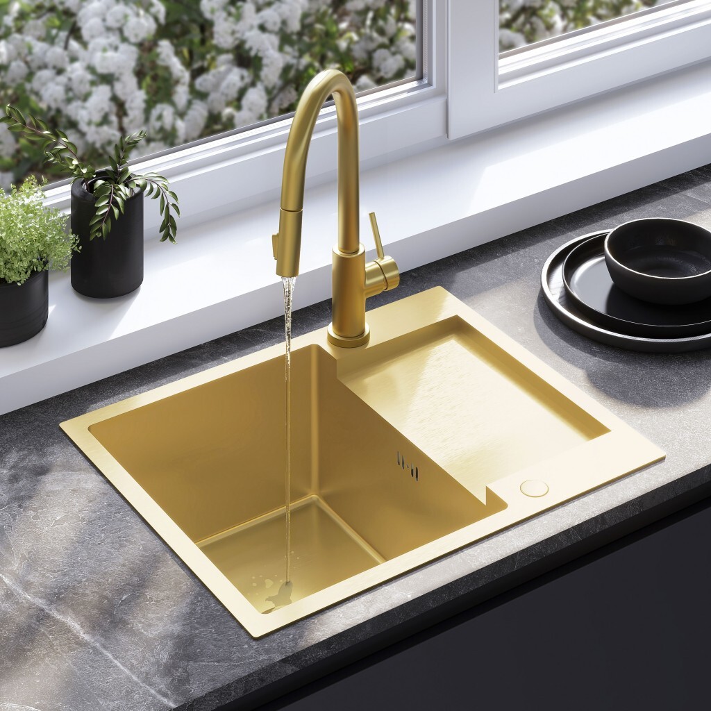 REA Ocelový dřez Paul BRUSH GOLD s kuchyňskou baterií KPL-96010