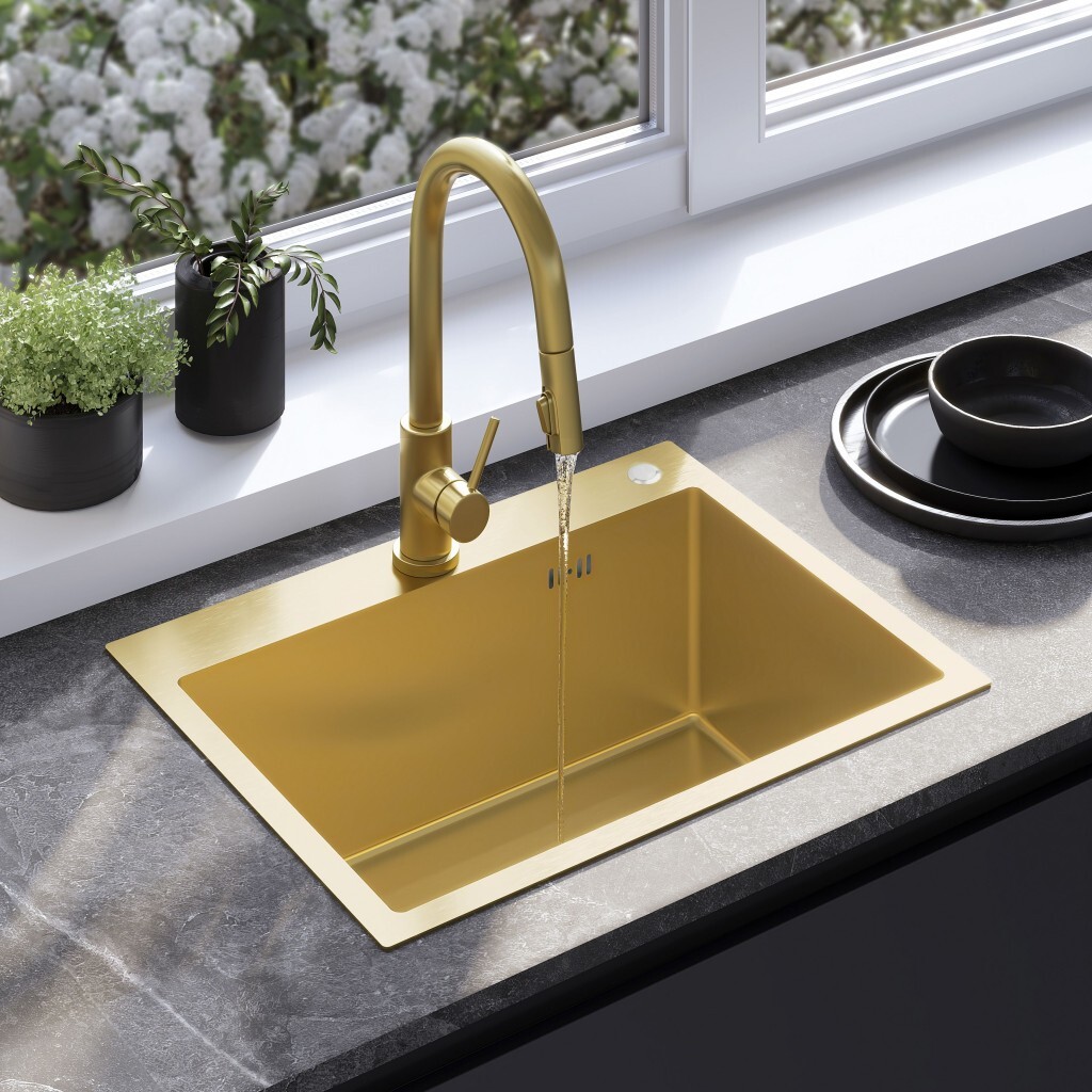 REA Ocelový dřez Liam BRUSH GOLD s kuchyňskou baterií KPL-96007