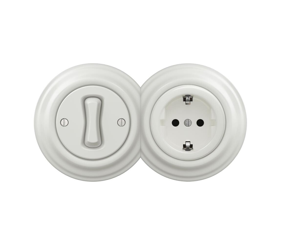 lap - Retro jednopólový vypínač č. 1 a zásuvka SCHUKO 230V s rámečkem bílá 2xKA0008+KA0001+KA0106