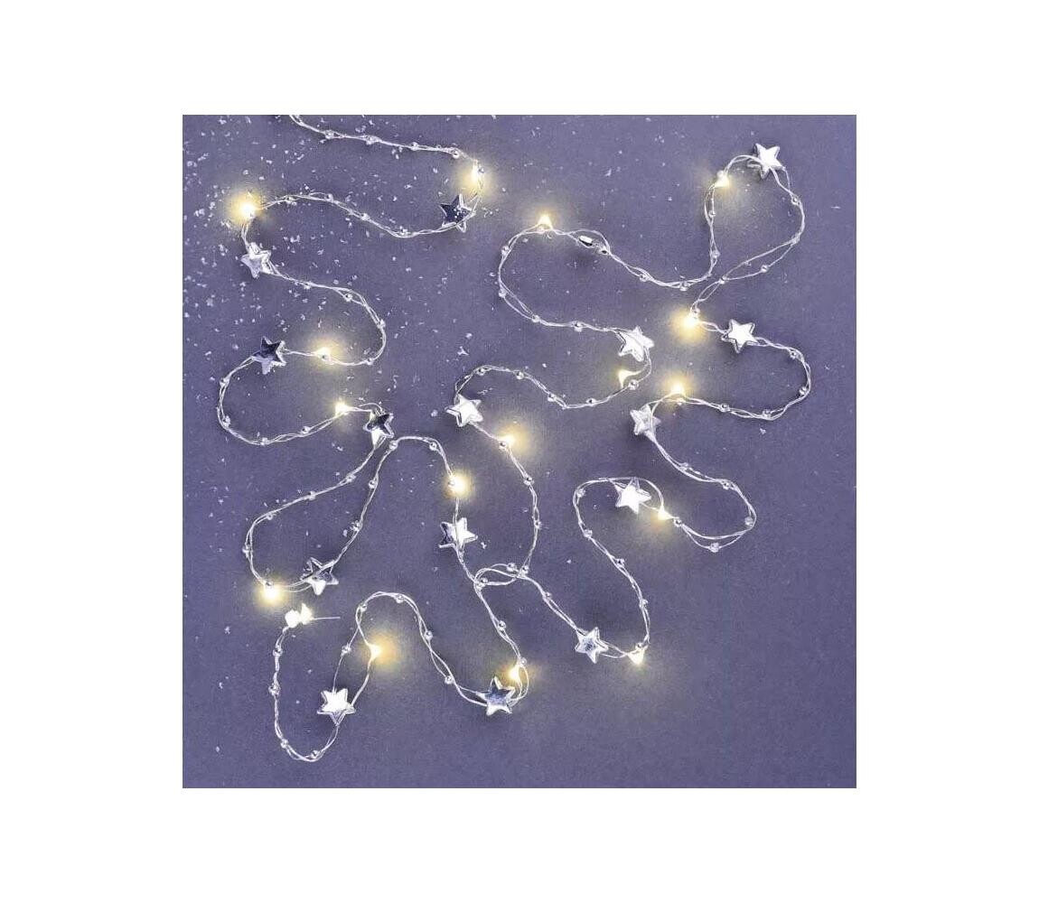 lED vánoční řetěz stříbrný – hvězdičky, 1,9 m, 2x AA, vnitřní, teplá bílá, časovač (DCGW07)