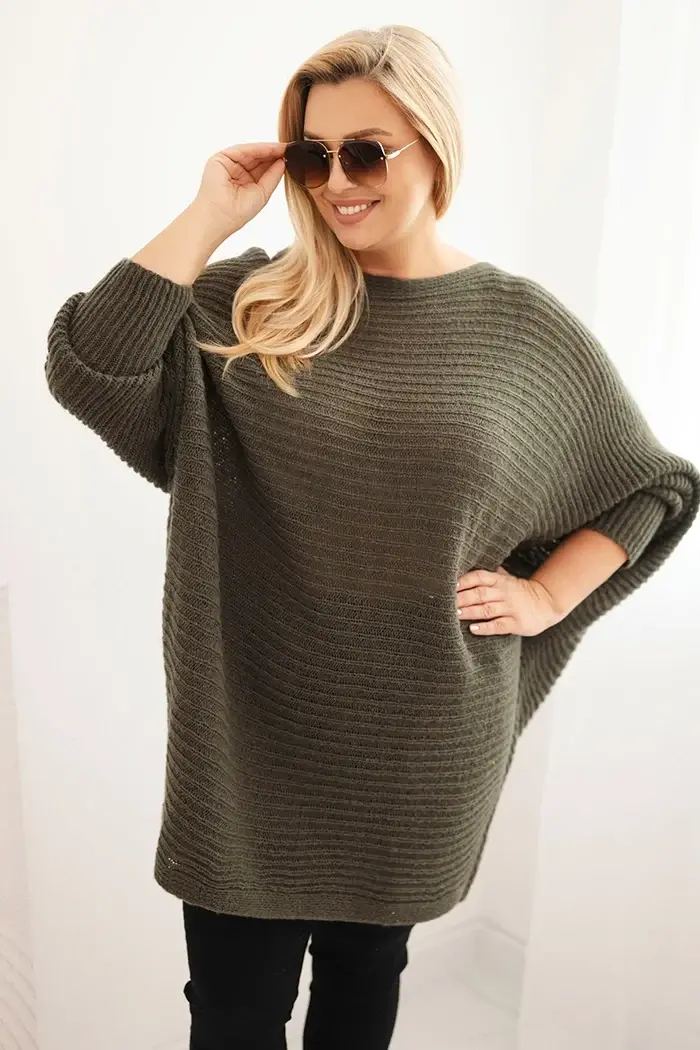 Kesi Włoski Dámský svetr Plus Size s mohair pončo khaki