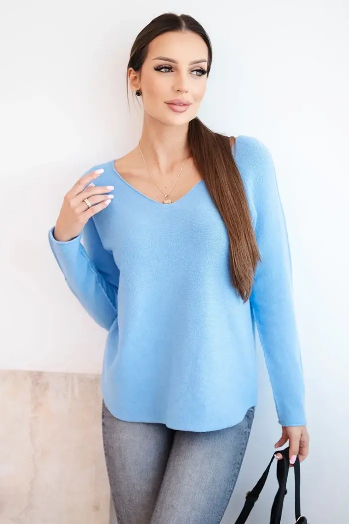Kesi Włoski Dámský svetr z viskózy s výstřihem do V modrý