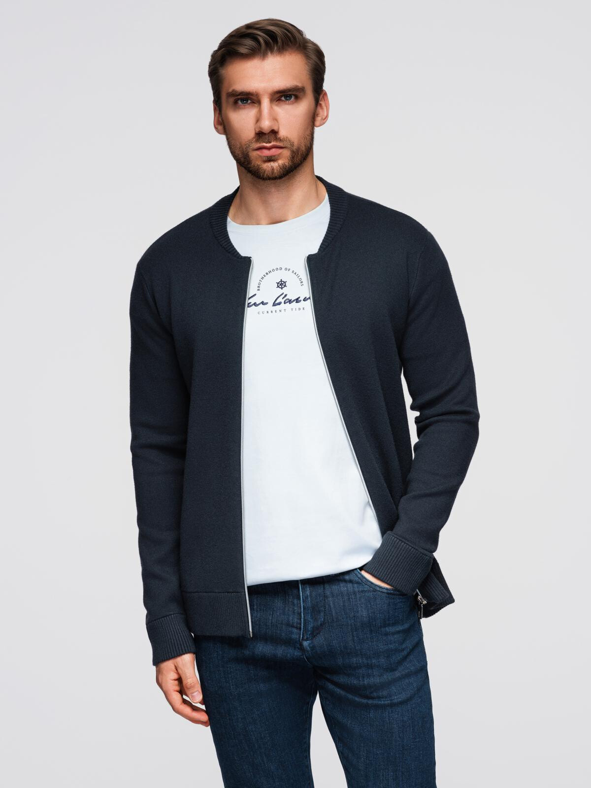 Ombre Men's smooth zip sweater - navy blue