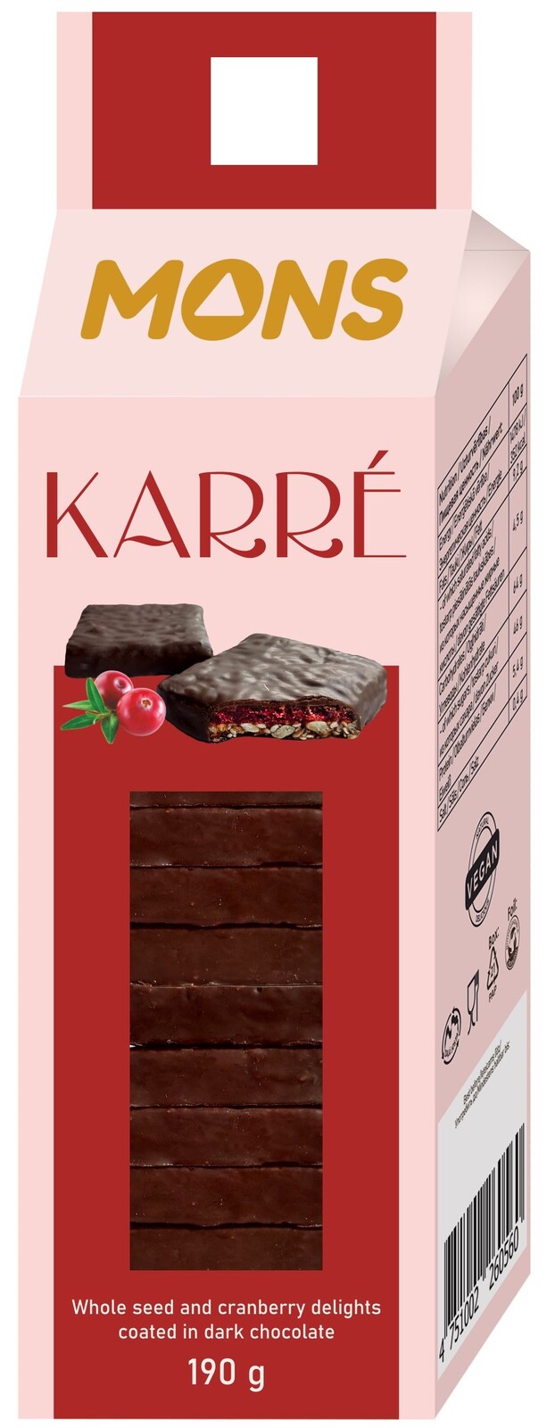 MONS KARRÉ Čtverečky ze semínek a brusinek v hořké čokoládě 190 g