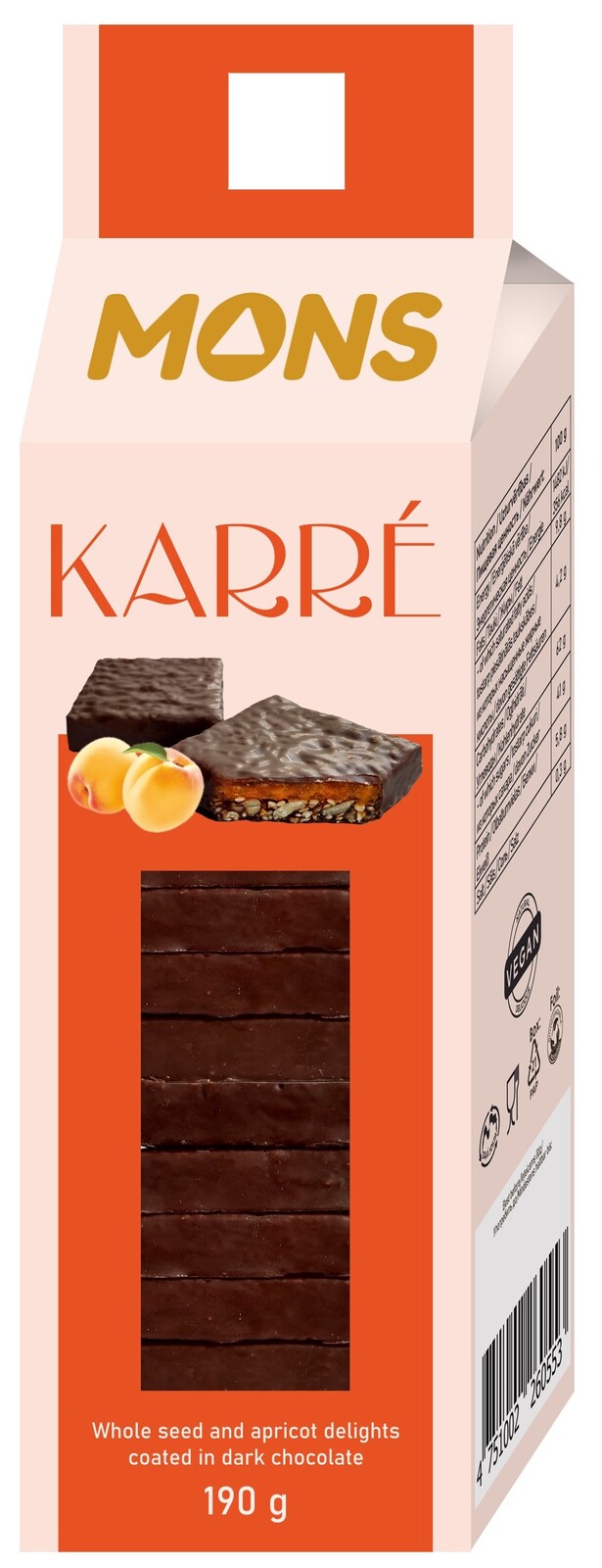 MONS KARRÉ Čtverečky ze semínek a meruněk v hořké čokoládě 190 g