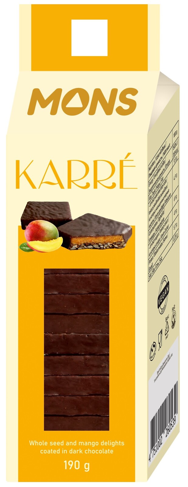 MONS KARRÉ Čtverečky ze semínek a manga v hořké čokoládě 190 g