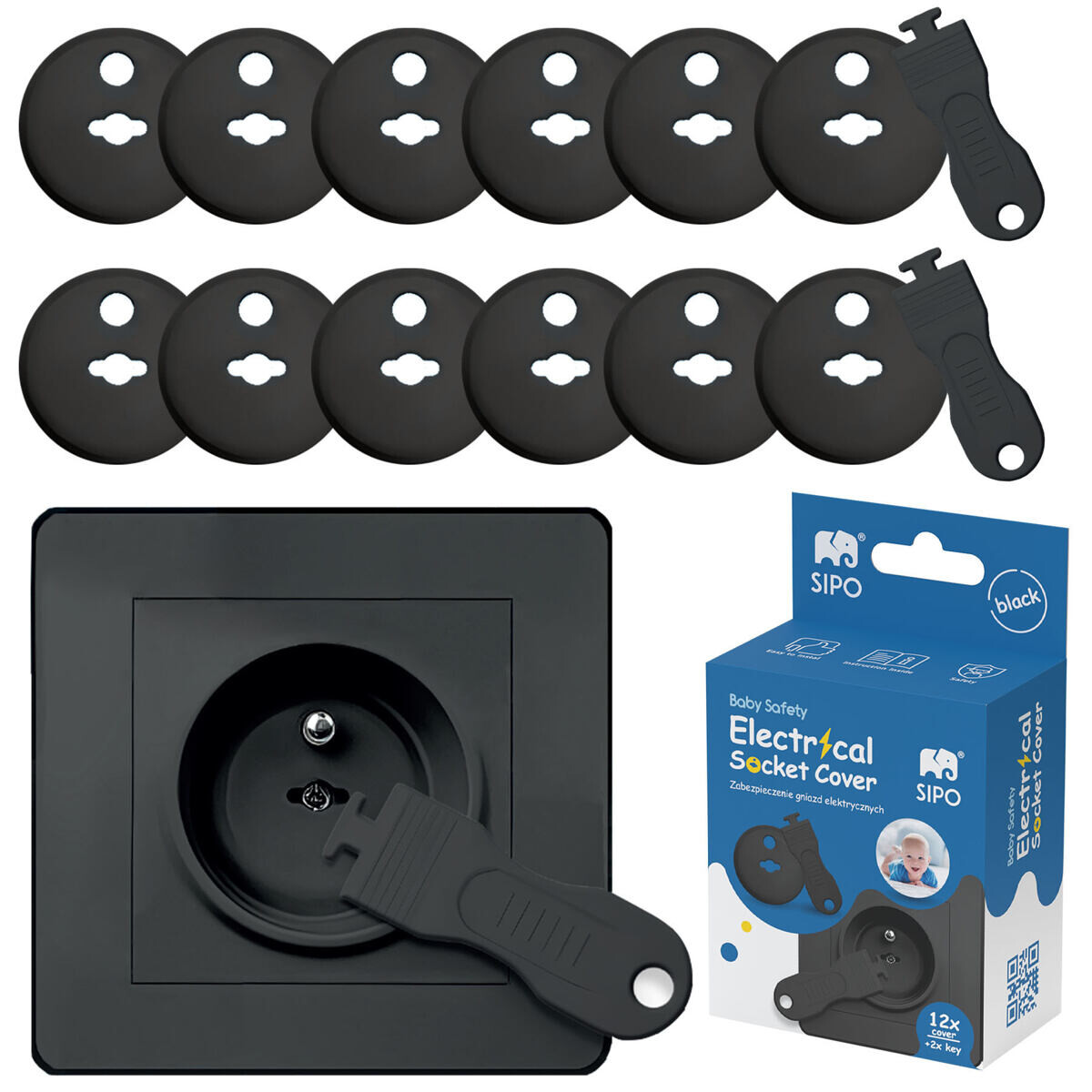 Sipo Ochranné kryty na elektrické zásuvky, set 12ks + 2x klíče, ČERNÁ