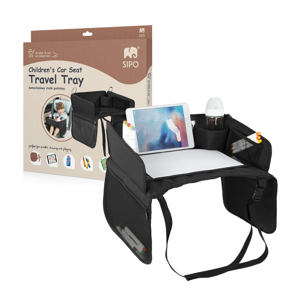 Sipo Skládací stolek do auta s kapsou na tablet, černá