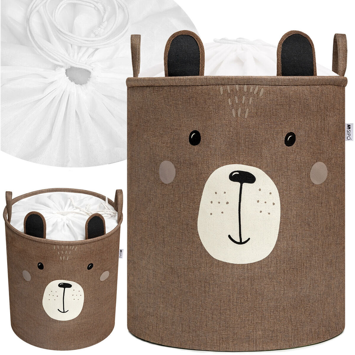 Sipo Koš na hračky XL se šňůrkou, skládací bavlněný / 63 l, Brown Bear